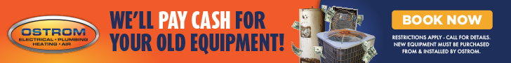 Banner ad for Ostrom offering cash for old electrical and plumbing equipment, with a Book Now button.