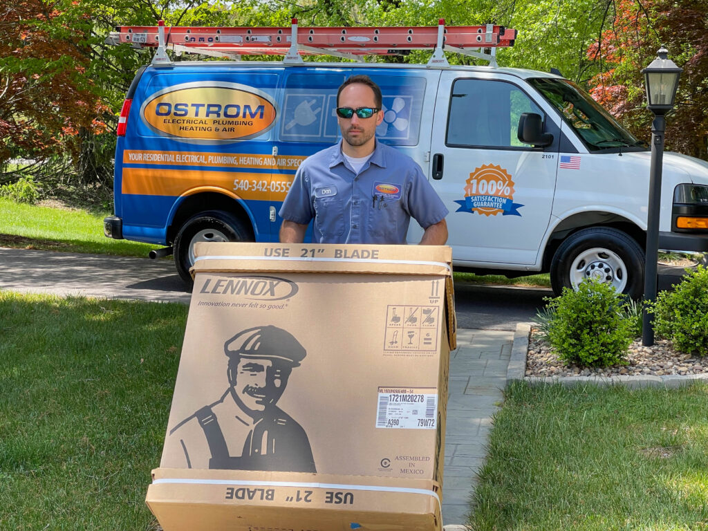 Ostrom HVAC technician preparing a new AC installation. Ostrom service truck in background.