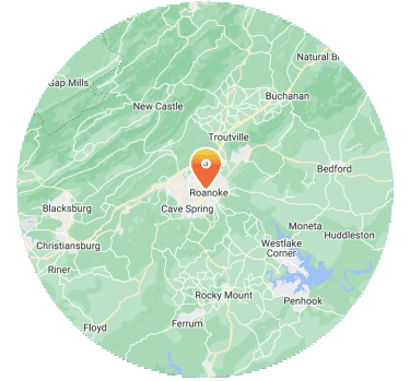 Circular map centered on Roanoke, Virginia with an orange pin marker